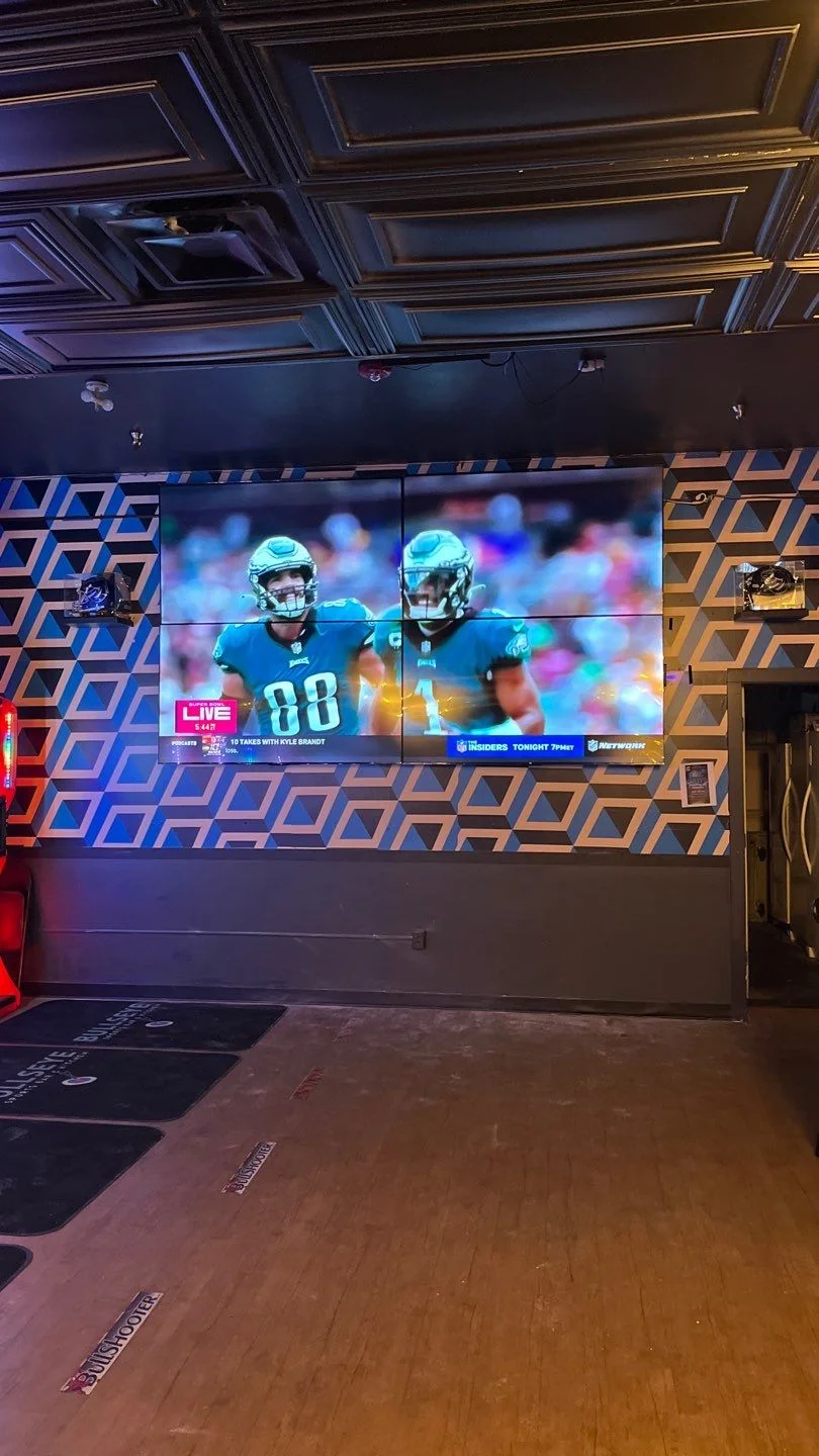 2×2 Video Wall Installation at Meridian Lanes – Bulls Eye Sports Bar & Grill